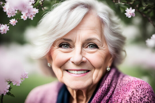 Portrait of senior elegant woman with grey hair, earrings and beautiful grey eyes. Smile. Generative AI