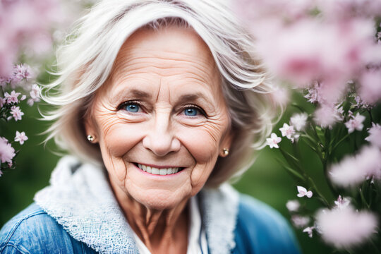 Portrait of senior woman with blue eyes and grey hair. Blurred spring background. Generative AI