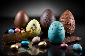 Chocolate Easter eggs made of dark and milk chocolate and bonbon, Easter gift set. Generative AI