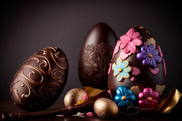 Chocolate Easter eggs made of dark and milk chocolate and bonbon, Easter gift set. Generative AI