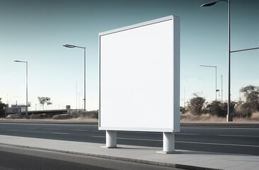 Blank white billboard mock up in the street side of the city background, display signboard, generative Ai