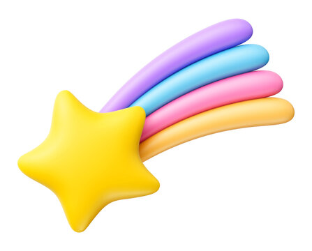 Cute cartoon shooting star with rainbow tail 3d icon isolated on transparent background. PNG file
