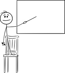 Child Pointing at Empty Whiteboard , Vector Cartoon Stick Figure Illustration