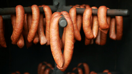 Lamb sausages red smokehouse smoked on beech wood slaughter traditional Italy household detail...