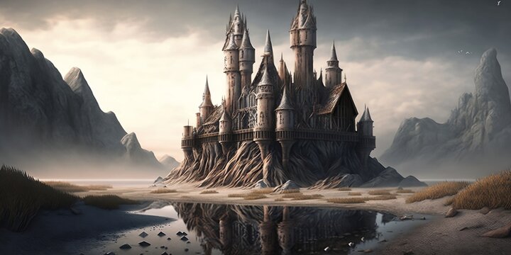 Ancient fantasy elvish castle sunset over the mountains