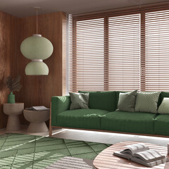 Minimalist living room with wooden walls in green tones. Fabric sofa with pillows, window with venetian blinds, carpets and paper lamp. Japandi interior design