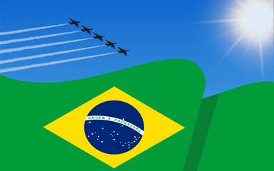 Flag of Brazil and a fighter plane formation flying in the sky. Independence day Brazil. Military aviation in the blue sky. Vector illustration