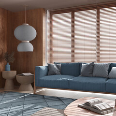Minimalist living room with wooden walls in blue tones. Fabric sofa with pillows, window with venetian blinds, carpets and paper lamp. Japandi interior design