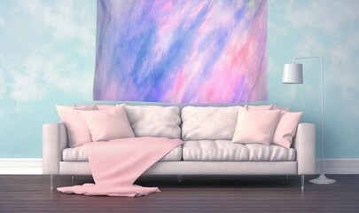  a living room with a white couch and a pink blanket.  generative ai