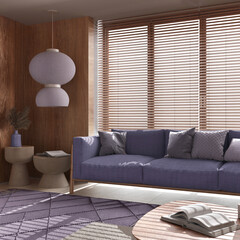 Minimalist living room with wooden walls in purple tones. Fabric sofa with pillows, window with venetian blinds, carpets and paper lamp. Japandi interior design