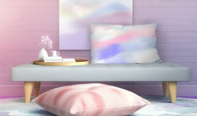  a couch with a pink pillow and a white pillow on top of it.  generative ai