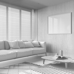 Total white project draft, contemporary living room with wooden walls and frame mockup. Fabric sofa with pillows, carpets and decors. Minimalist interior design