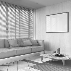 Blueprint unfinished project draft, contemporary living room with wooden walls and frame mockup. Fabric sofa with pillows, carpets and decors. Minimalist interior design