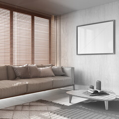 Architect interior designer concept: hand-drawn draft unfinished project that becomes real, contemporary living room with wooden walls and frame mockup. Minimalist style
