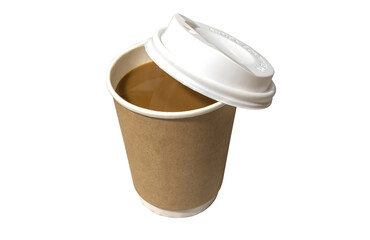 Open coffee in takeout paper cup on white background. PNG