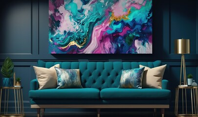  a living room with a blue couch and a large painting on the wall.  generative ai