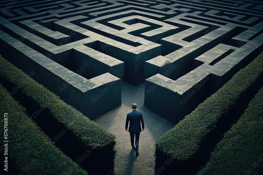 Poster man in maze is looking for way out. concept of finding right solutions in life. figure of man in lab