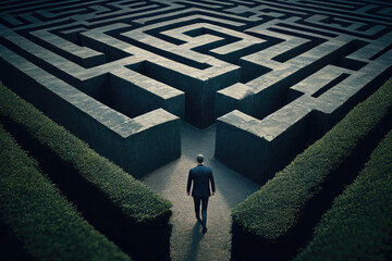Man in maze is looking for way out. Concept of finding right solutions in life. Figure of man in labirynth with high walls. Created with Generative AI - obrazy, fototapety, plakaty