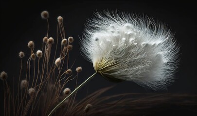  a dandelion is blowing in the wind on a black background.  generative ai