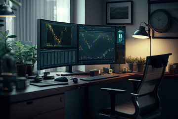 Trader workplace. Computer monitor with stock market charts on screen. Economic concept. Financial crisis and inflation. Created with generative AI