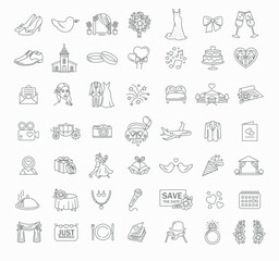 Collection of beautiful thin line style vector wedding icons - 576707804