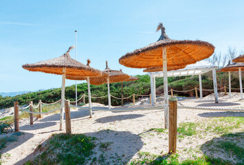 Exotic hay parasols at sandy tropical beach 