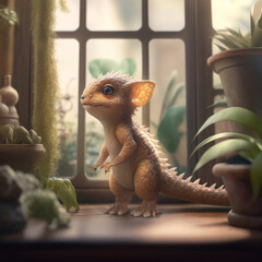 Little cute baby dinosaur or dragon in the room. Fictional fairy tale character.Concept art. AI generated.