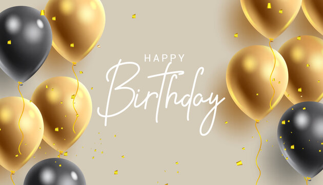 Happy Birthday Vector Background. Happy Birthday Text With Black And Gold Balloon For Birthday Celebration Design Vector Illustration.