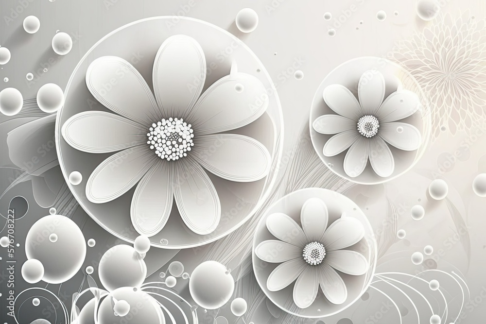 Poster white backdrop with elegant circular flowers and droplets. generative ai
