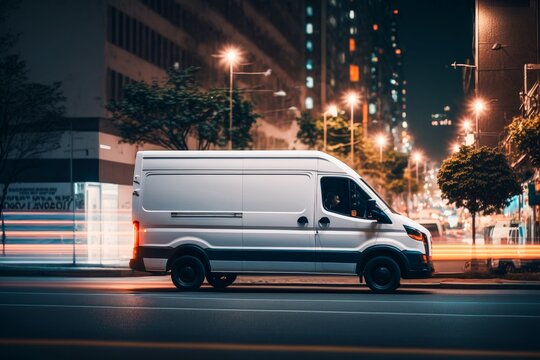 White Cargo Van. Night Evening City Street Background.	
