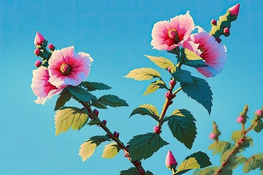 Rose of Sharon flower buds in pink against a blue sky in the summer, somewhere in the vicinity of Gongju si, South Korea. Generative AI