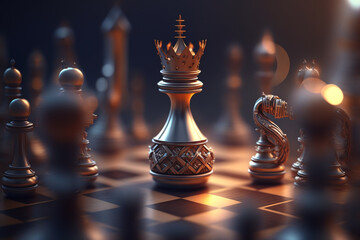 Chess piece on chessboard, competition success and strategy game play, design created with Generative Ai - 576708891