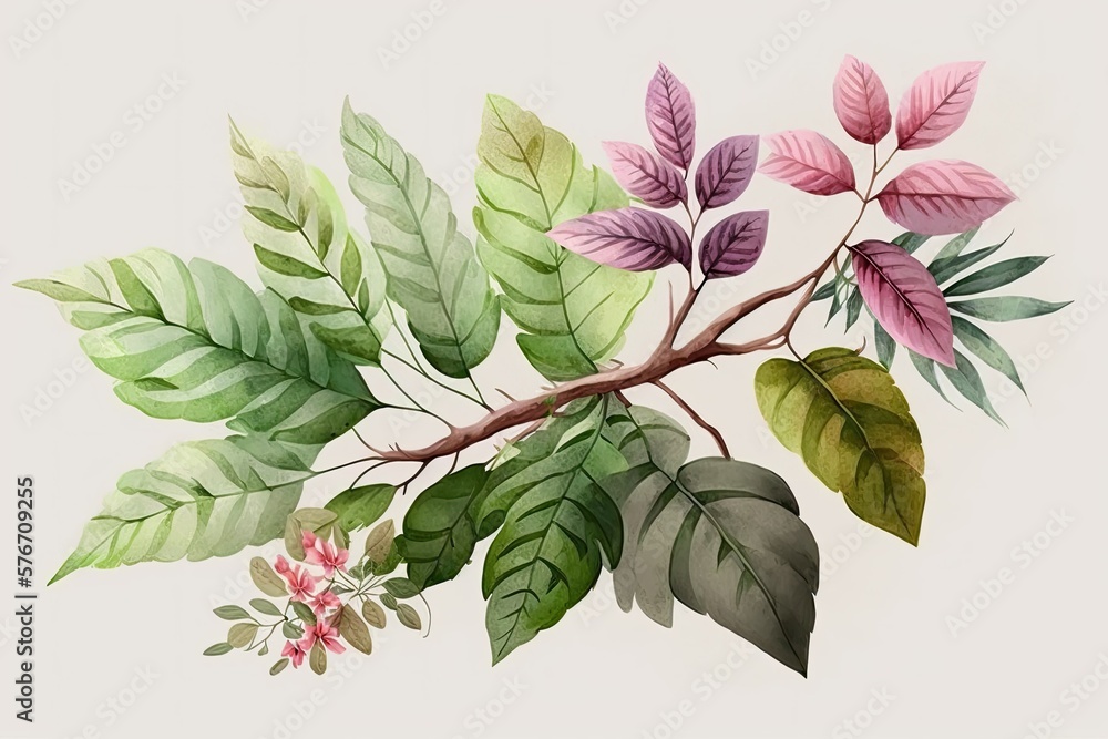 Poster tropical plant branch with pink and green leaves, watercolor. Generative AI