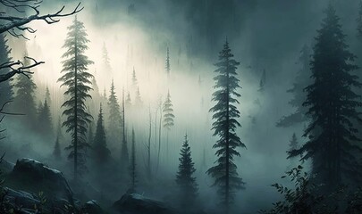  a forest filled with lots of tall trees covered in fog.  generative ai