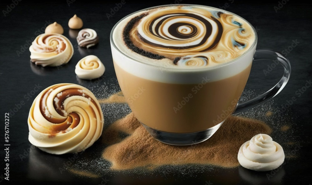 Poster a cup of coffee with a swirl in the foam and a spoon next to it. generative ai