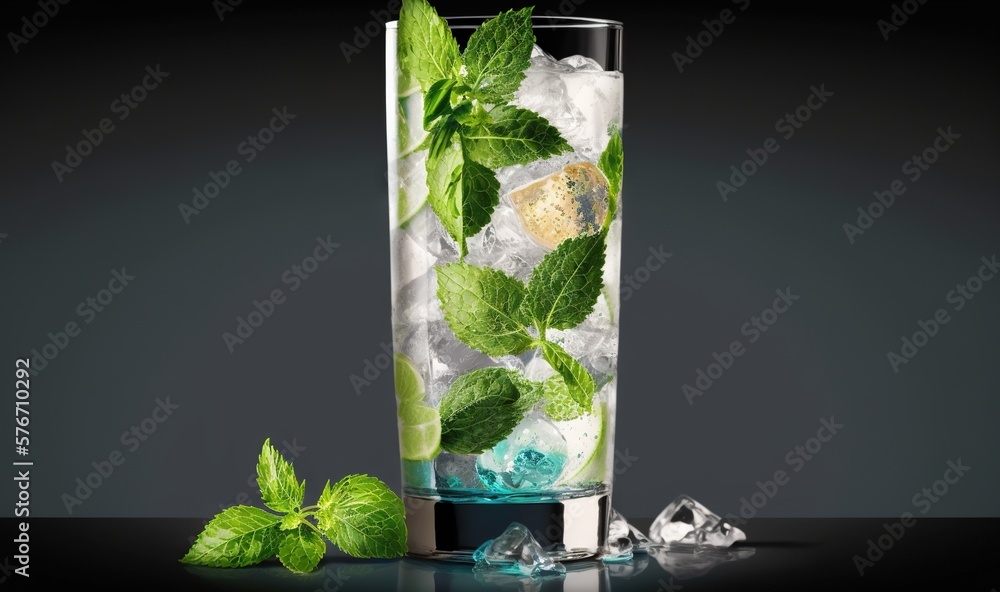 Poster a tall glass filled with ice and mints on a table. generative ai
