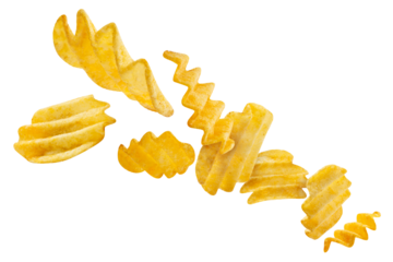 Flying delicious potato chips cut out