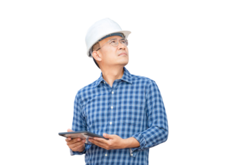 Construction engineer man checking project at the building site, Foreman worker in hardhat at the infrastructure construction site, Architect with a digital tablet at a construction site