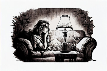 Illustration of a female pensive woman in the sofa under the lamp