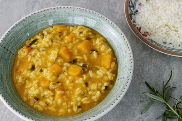 Risotto with pumpkin vegetable dish. Italian vegetarian cuisine.