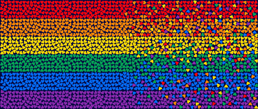 Pride flag of hearts. Background with LGBTQ Pride colours. Set of colored hearts banner logo lgbtq pride month with rainbow. Vector symbol of pride month june support. Isolated on black background.