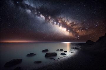  Long time exposure night landscape with Milky Way Galaxy above the sea .