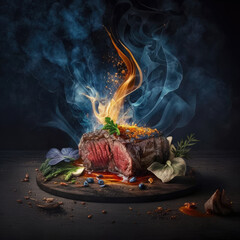 Delicious grilled piece of beef steak with seasonings and sauce. Generative AI