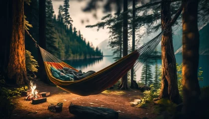 Fotobehang Hammock or camping on the beach during beautiful sunset © ImaginaryInspiration