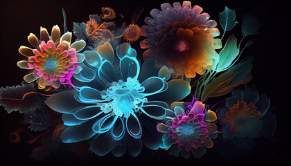 Neon illustration of a flower. Generative AI.