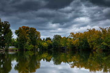 Fototapeta premium Scenic pond in autumn park in cloudy weather
