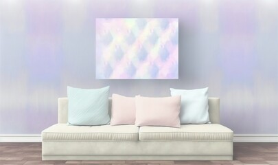  a couch with pillows and a painting on the wall behind it.  generative ai
