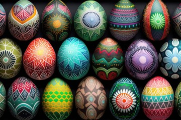 Fototapeta na wymiar Colorful easter eggs one in a row. Patterned on eggs. Generative AI