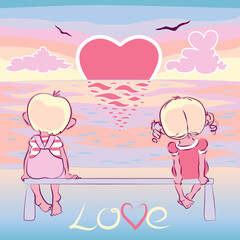 Vector romantic illustration of a boy and a girl sitting on a bench and watching the sunrise over the sea. Sun in the shape of a heart. Below is the inscription 
Love.
