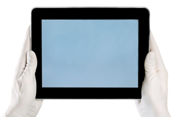 Hands holding digital tablet isolated on white background
